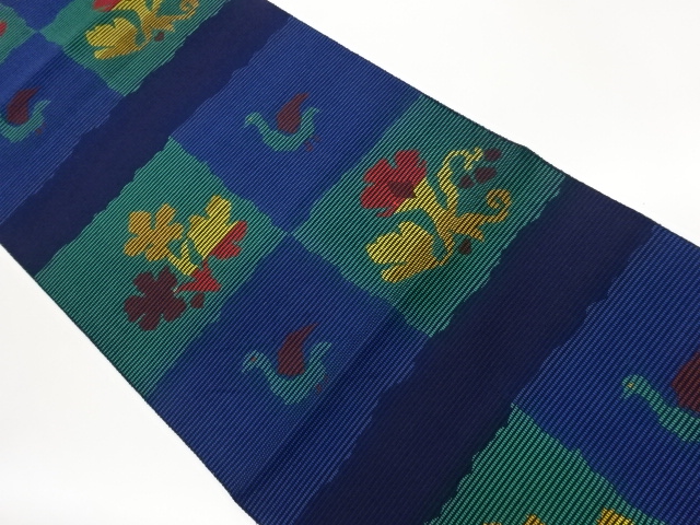 市松に抽象花鳥模様織出し名古屋帯
